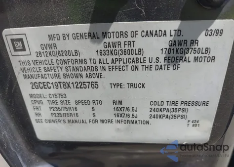 1999 Chevrolet Silverado 1500 Ls from USA, damaged, VIN 2GCEC19T8X1225765